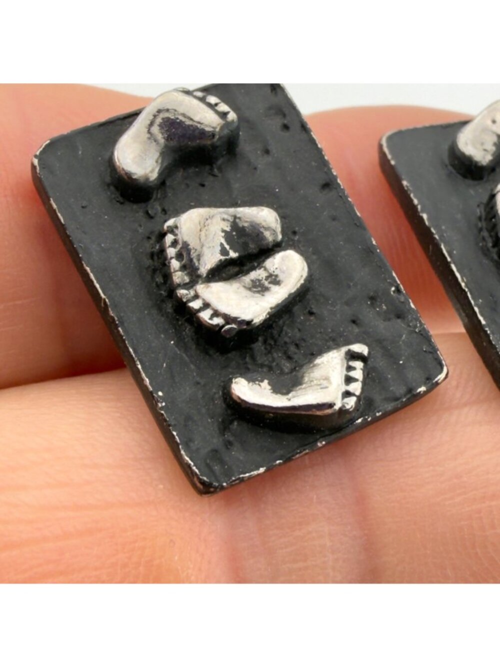 Vintage Black Silver Tone Rectangle Baby Feet Cuff Links - Picture 7 of 8